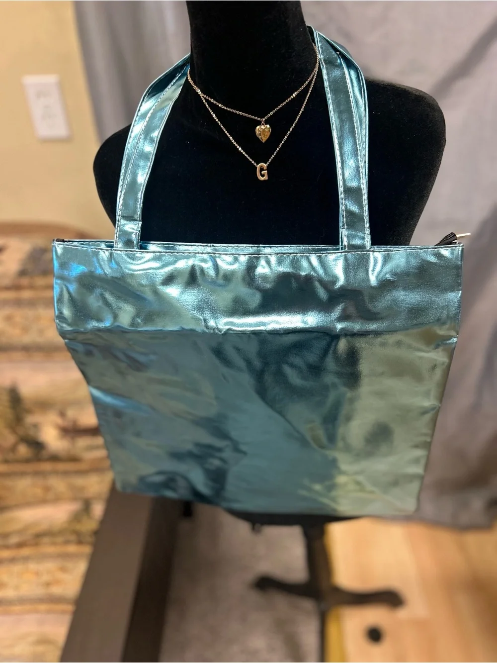 Metallic Teal Tote Bag - Women's Shiny Shoulder Bag